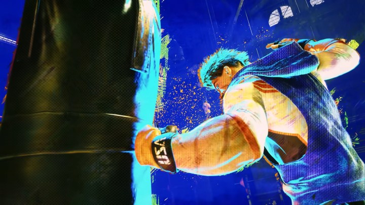 Ryu punches a punching bag.
