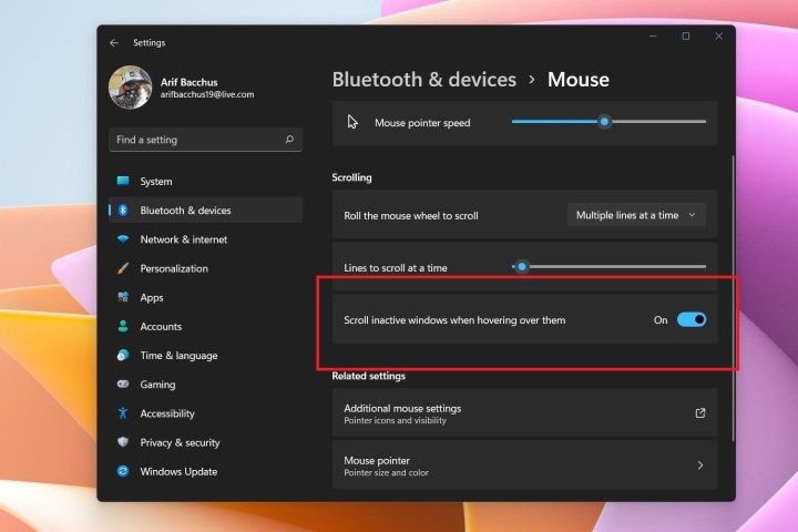 L'area delle impostazioni del mouse in Windows 11