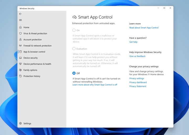 Smart App Control in Windows 11.