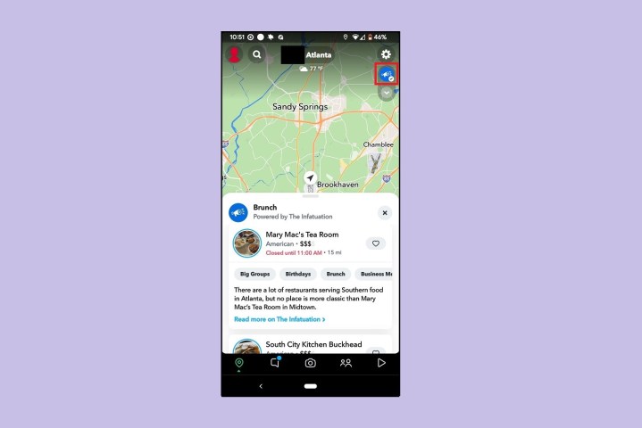 Функция рекомендаций ресторанов Snap Map от Snapchat в мобильном приложении.