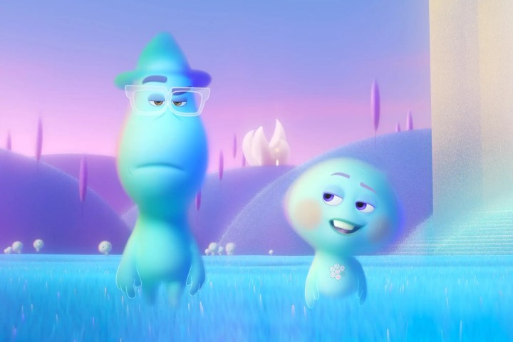 Joe and 22 walk and talk in a scene from the Pixar movie Soul