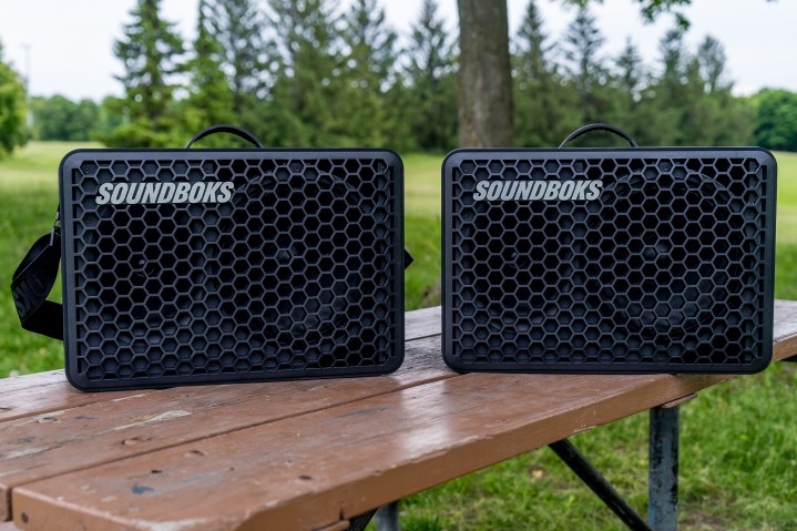 Two Soundboks Go speakers paired together.