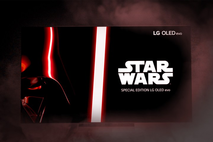 The Star Wars evo C2 OLED TV is sitting in front of a stylized foggy backdrop with Darth Vader and Star Wars branding on the screen.