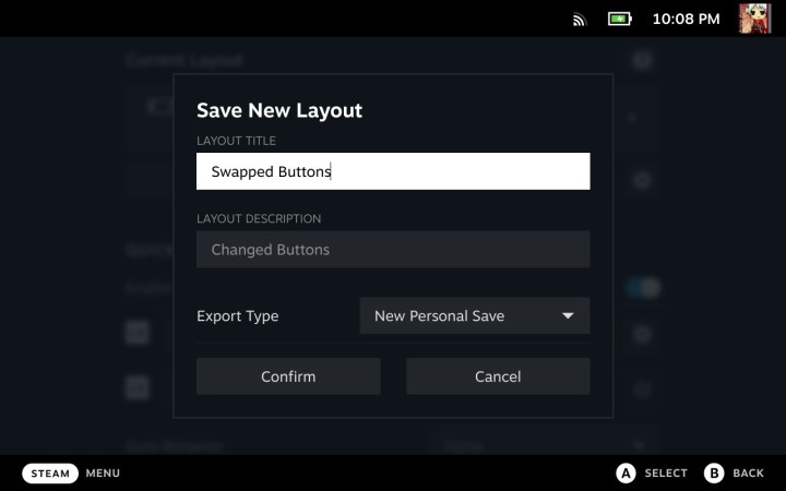 Save a new layout in Steam Deck.