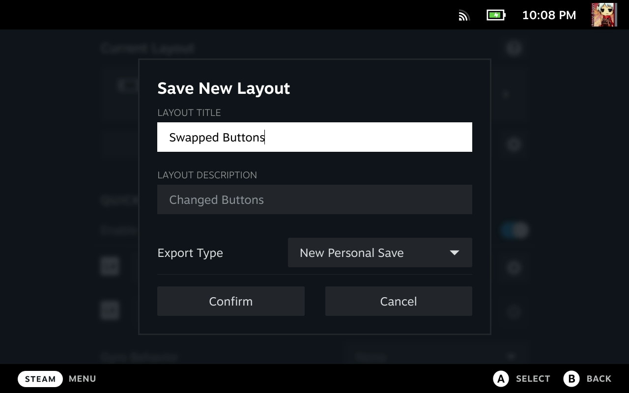 The Save a new layout option for the Steam Deck.