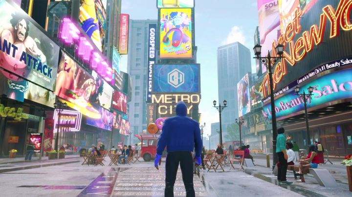 A player stands in Metro City's Times Square equivalent in Street Fighter 6 World Tour.