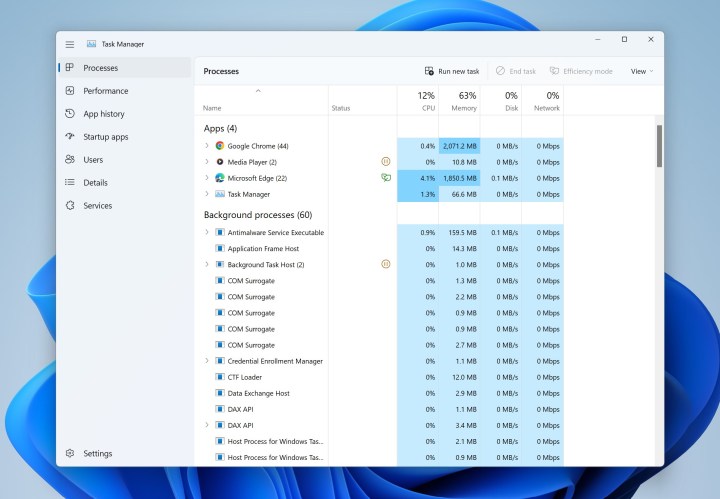 The Task Manager app in Windows 11 22H2