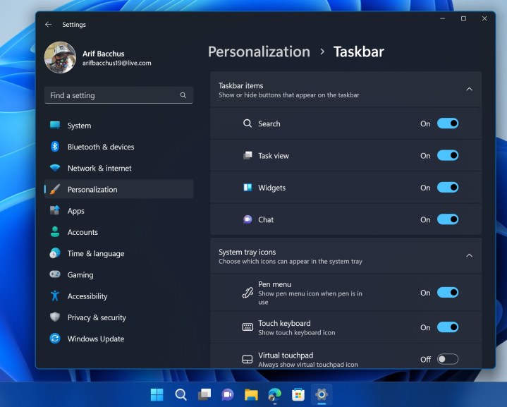 Paramètres de la barre des tâches dans Windows 11.