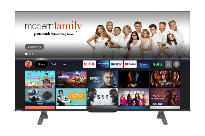 The Toshiba M550 75-inch 4K Smart TV displays streaming apps on it screen.