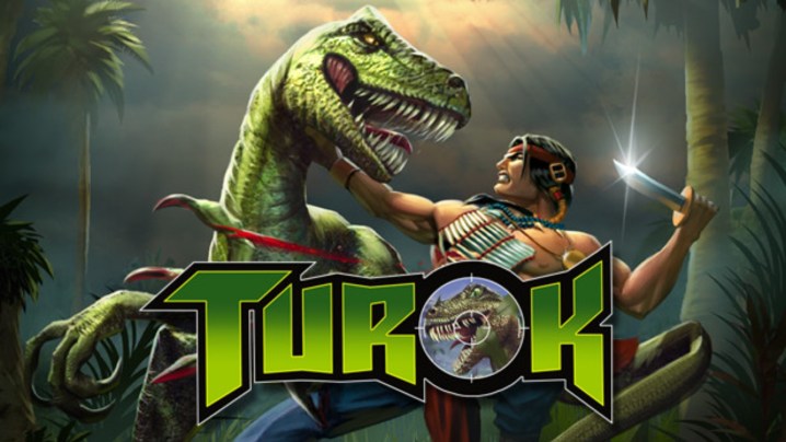 Turok combat un rapace dans Turok: l'art publicitaire de Dinosaur Hunter.