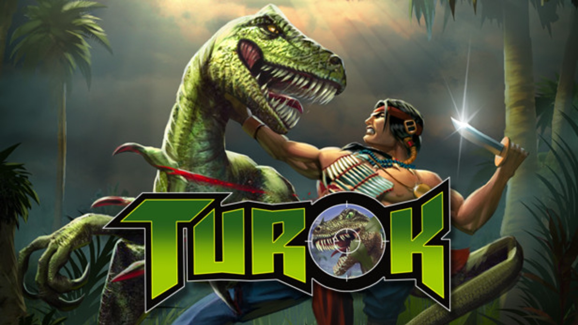 Turok lutando com um raptor na arte promocional de Turok: Dinosaur Hunter.