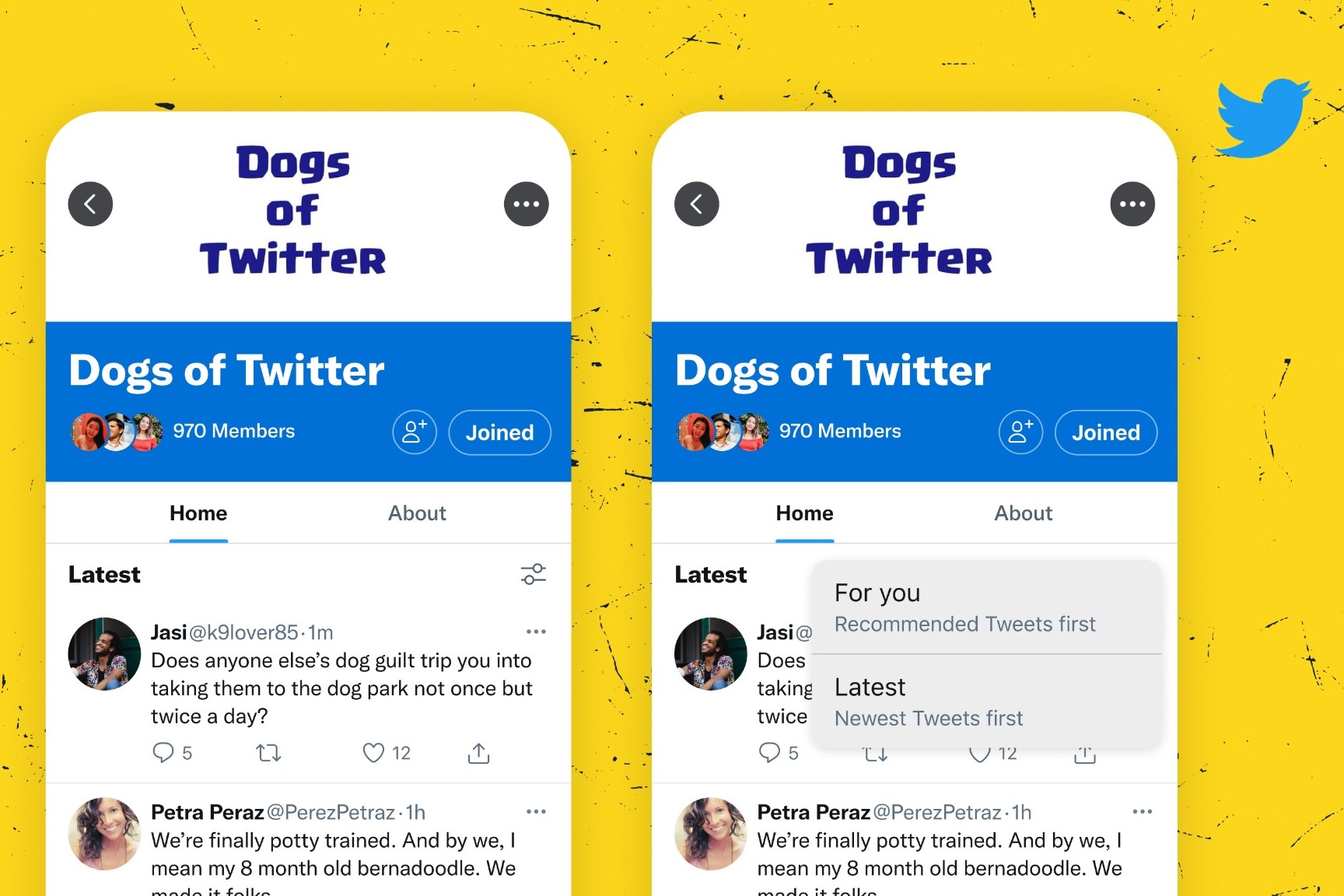 دو اسکرین شات موبایل از جوامع توییتر در پس زمینه زرد.