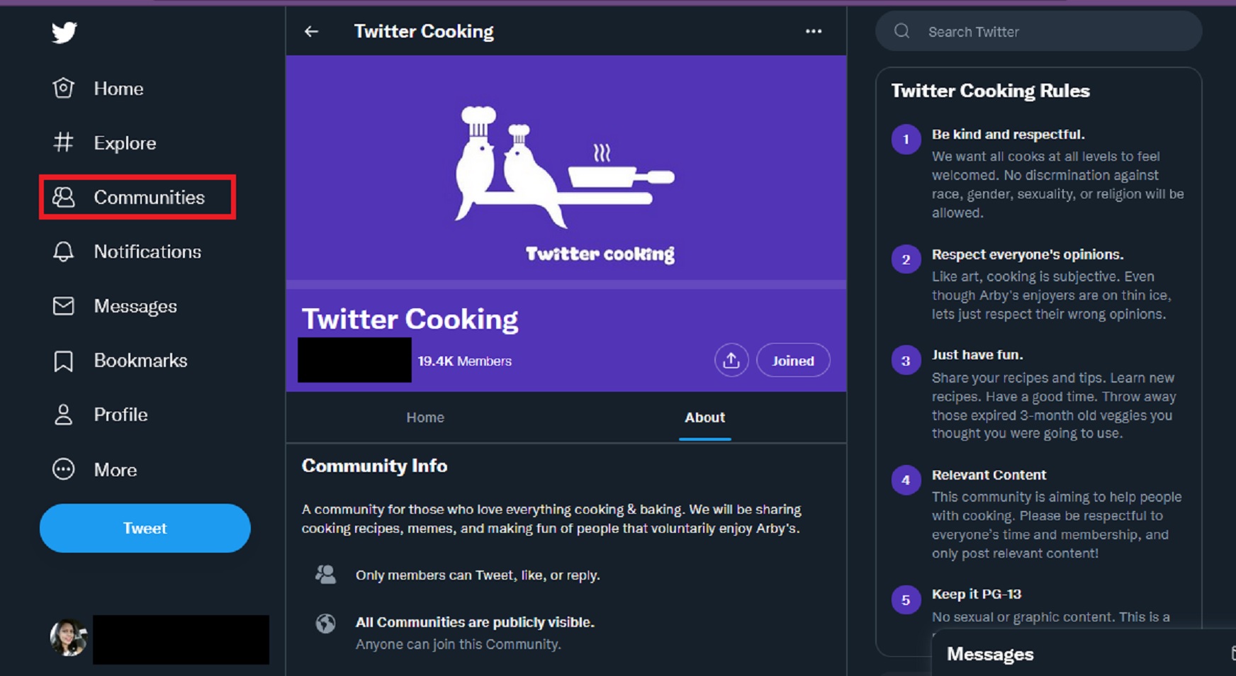 Tela principal da página da comunidade do Twitter Cooking.