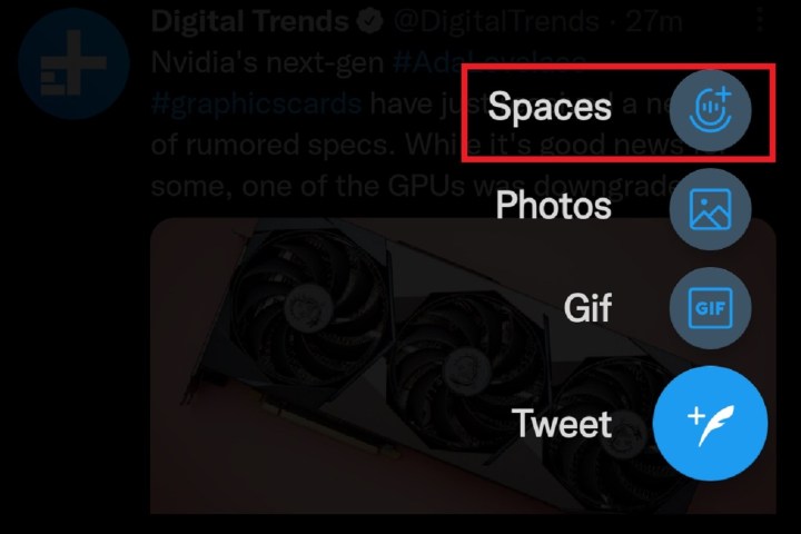 Twitter Spaces menu option.
