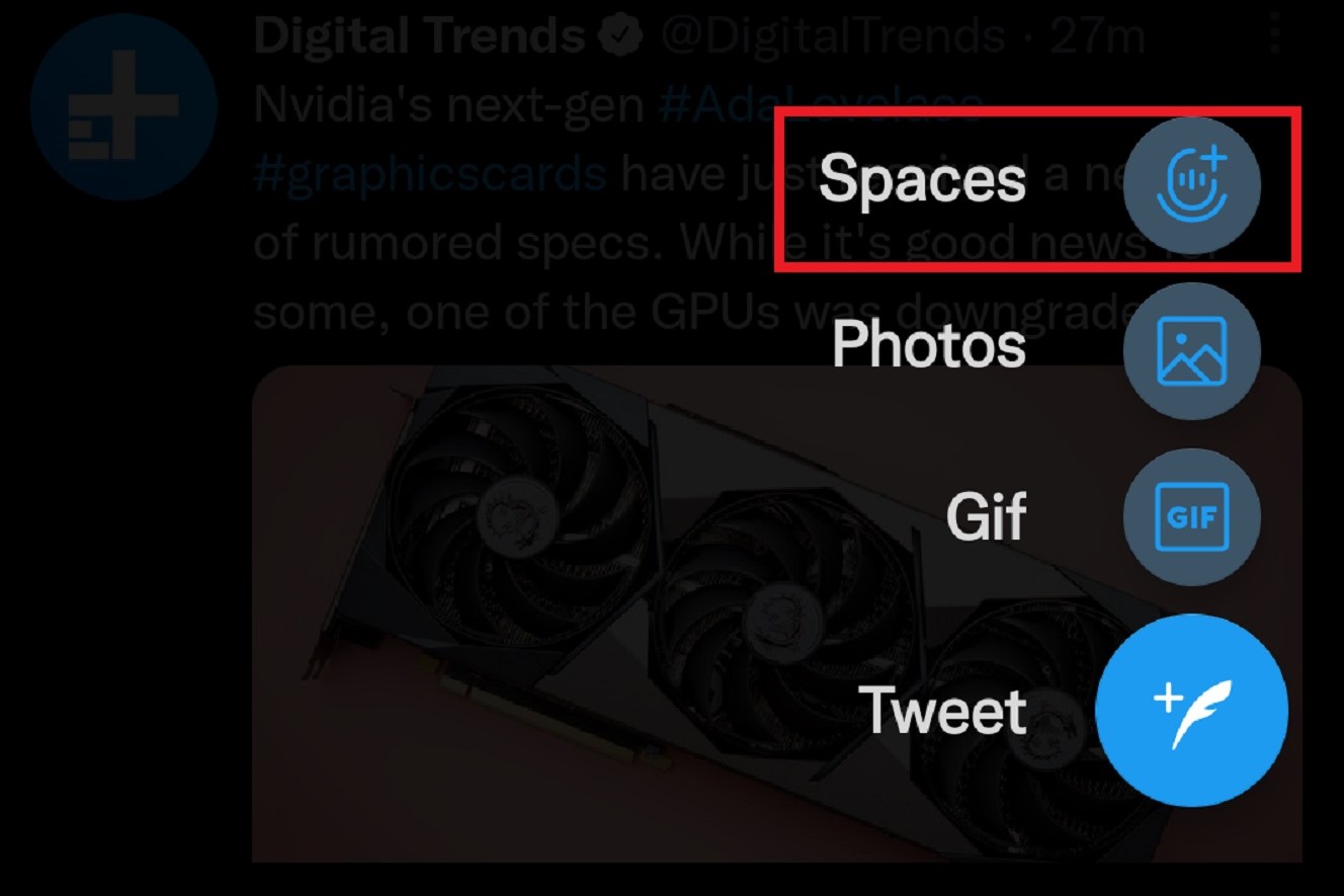Opção de menu do Twitter Spaces.