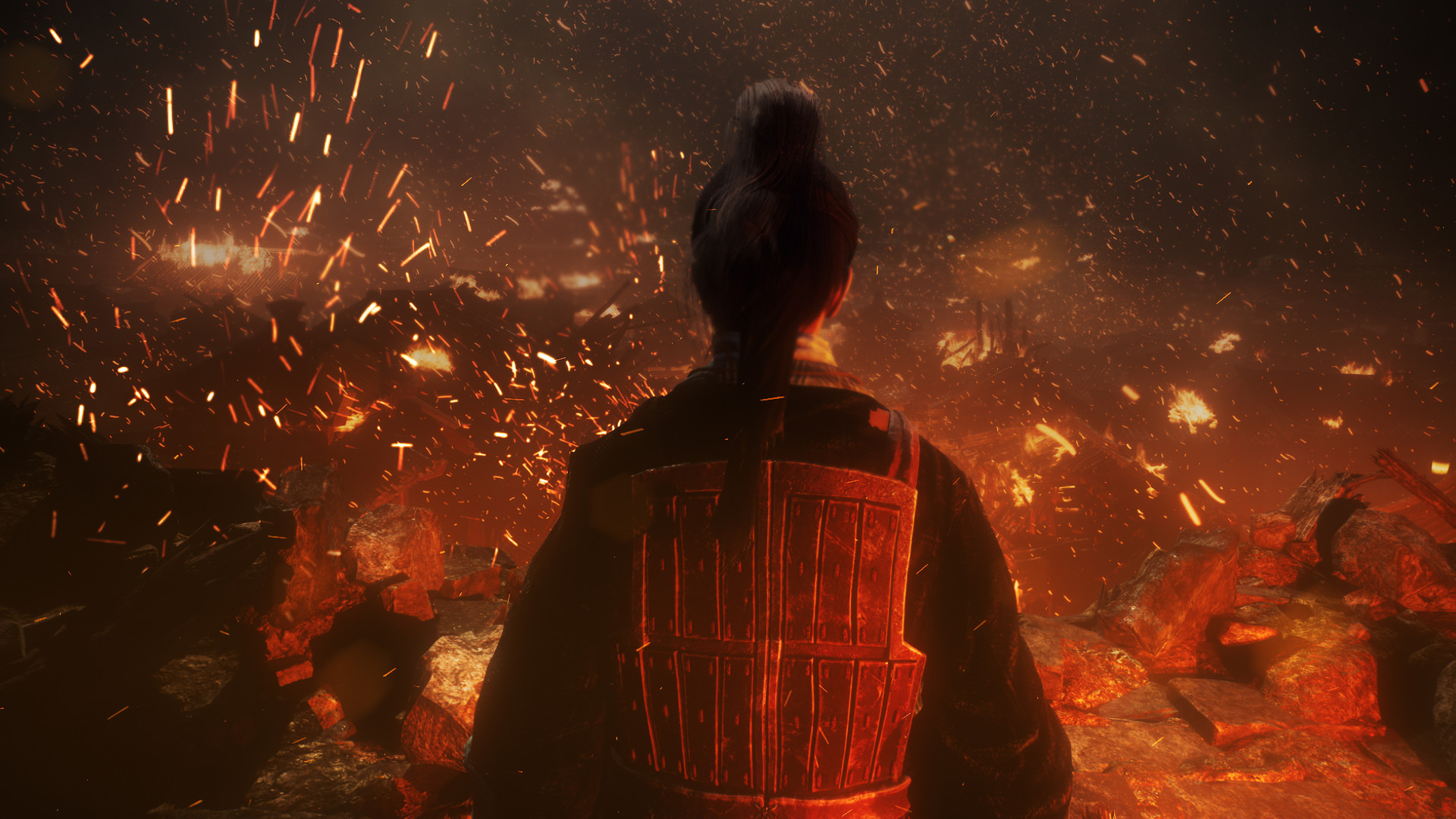 Un soldado de rojo observa un pueblo en llamas.