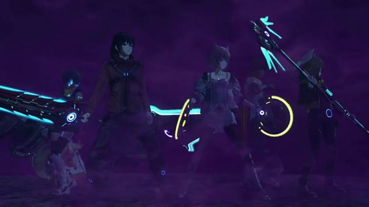 Four heroes standing in a purple mist.