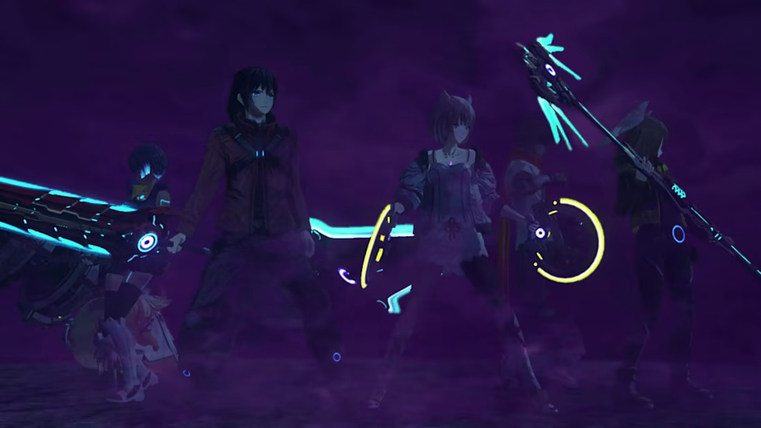 Cuatro héroes de pie en una niebla púrpura.