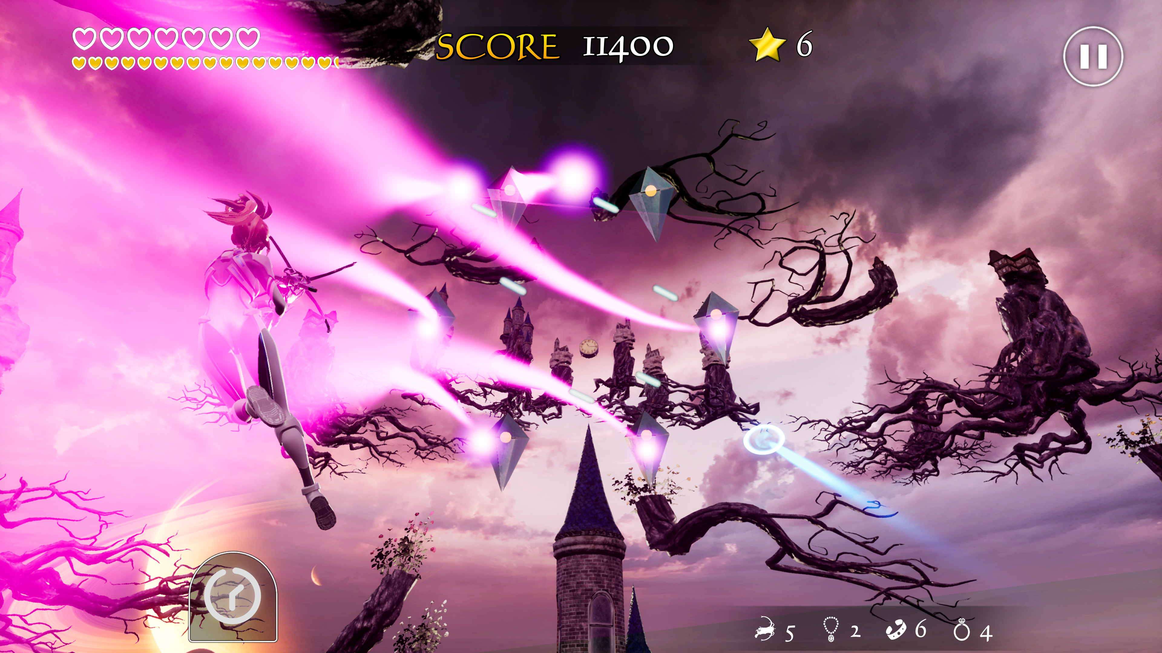 A flying character shoots geometric enemies in Air Twister.