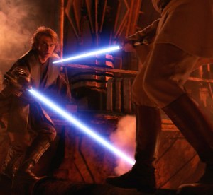 Anakin fights Obi-Wan in Revenge of the Sith.