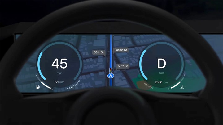 Next generation Apple CarPlay interface showing integrated map and dash information. 