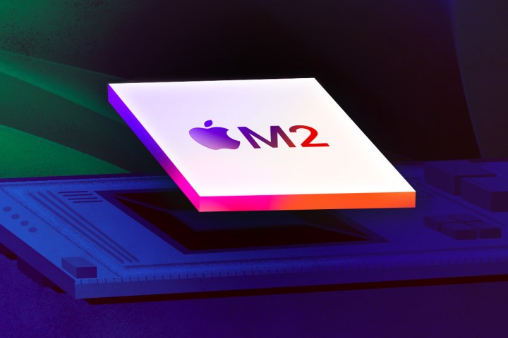 A digital illustration of the Apple M2 chip with a blue and purple color scheme.