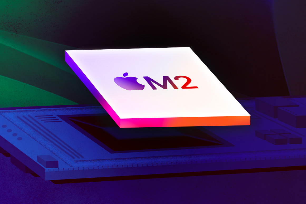 تصویر دیجیتال تراشه Apple M2 با طرح رنگ آبی و بنفش.