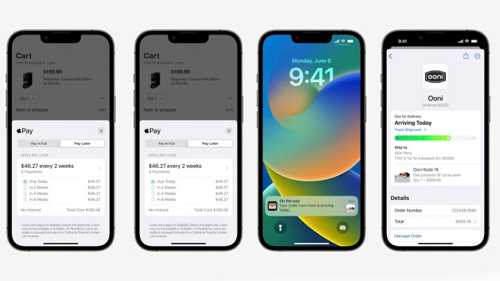 La funzione Apple Pay Later viene visualizzata su quattro iPhone tutti in fila.  I display dei telefoni mostrano le diverse date di pagamento e le notifiche della schermata di blocco che verranno fornite con la funzione.