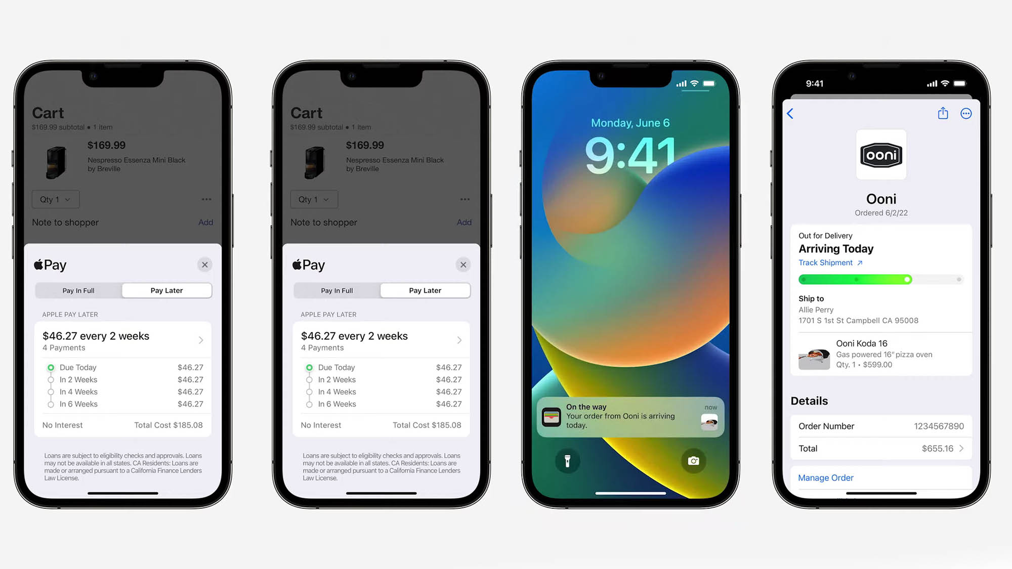 Recurso Apple Pay Later sendo exibido em quatro iphones todos alinhados em uma fileira.  As telas dos telefones mostram as diferentes datas de pagamento e notificações na tela de bloqueio que virão com o recurso.