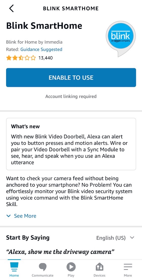 O aplicativo Blink mostrando a habilidade Blink para download para Alexa.