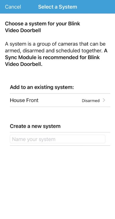 The Blink app on the system creation screen.