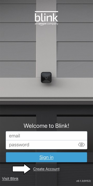 The Blink app on the create account or login screen.