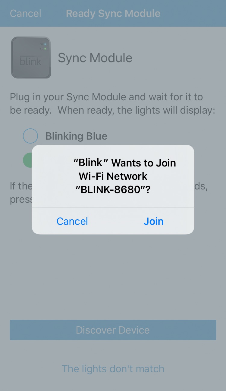 O aplicativo Blink pedindo para entrar no Wi-Fi de um dispositivo.