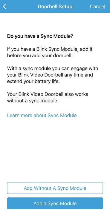 The Blink app on the Sync Module setup screen.