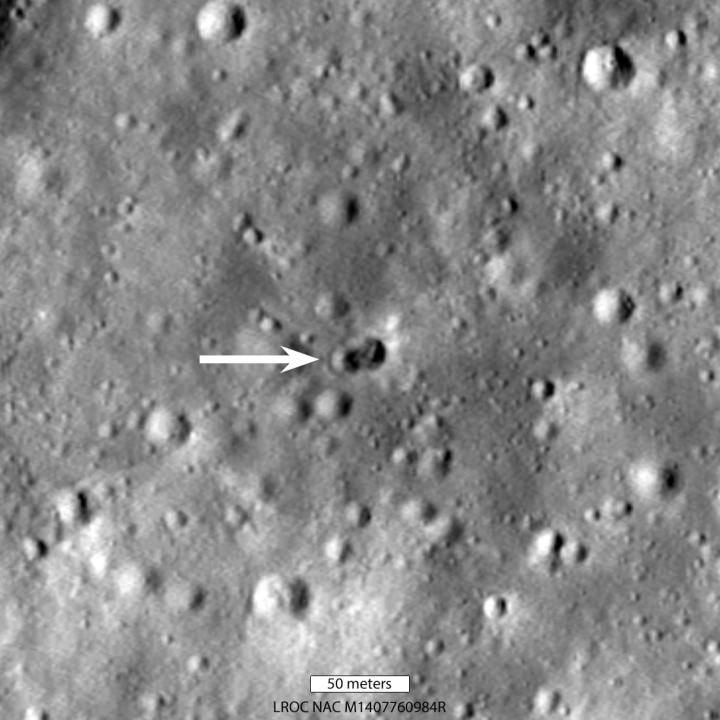 A rocket body impacted the Moon on March 4, 2022, near Hertzsprung crater, creating a double crater roughly 28 meters wide in the longest dimension. LROC NAC M1407760984R; image enlarged 3x