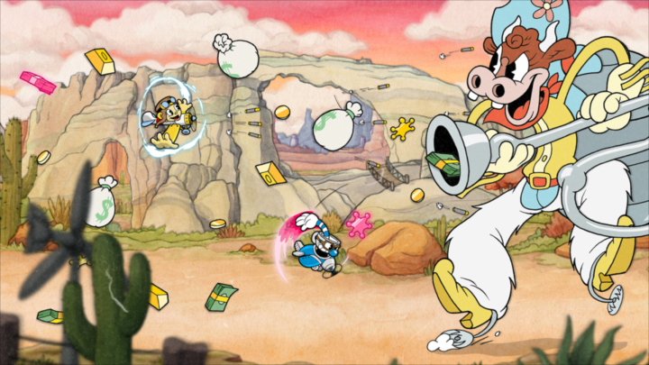 Ms. Chalice and Mugman fight a cow boss in Cuphead: The Delicious Last Course.