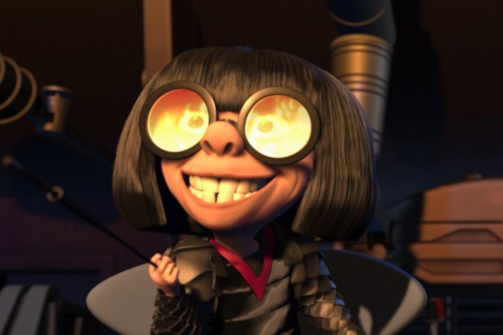 Edna Mode's glasses reflect flames in The Incredibles.