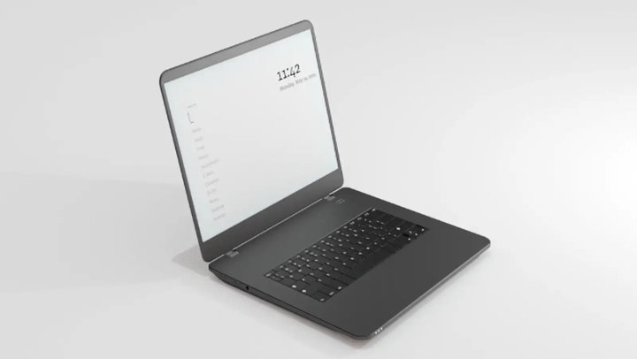 Il Modos Paper Laptop con il coperchio aperto.