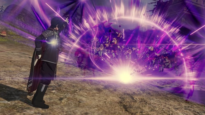 Shez causes a purple explosion in Fire Emblem Warriors: Three Hopes.