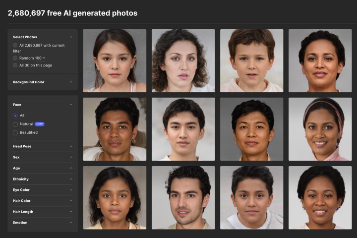 A collection of AI generated faces on Generated Photos.