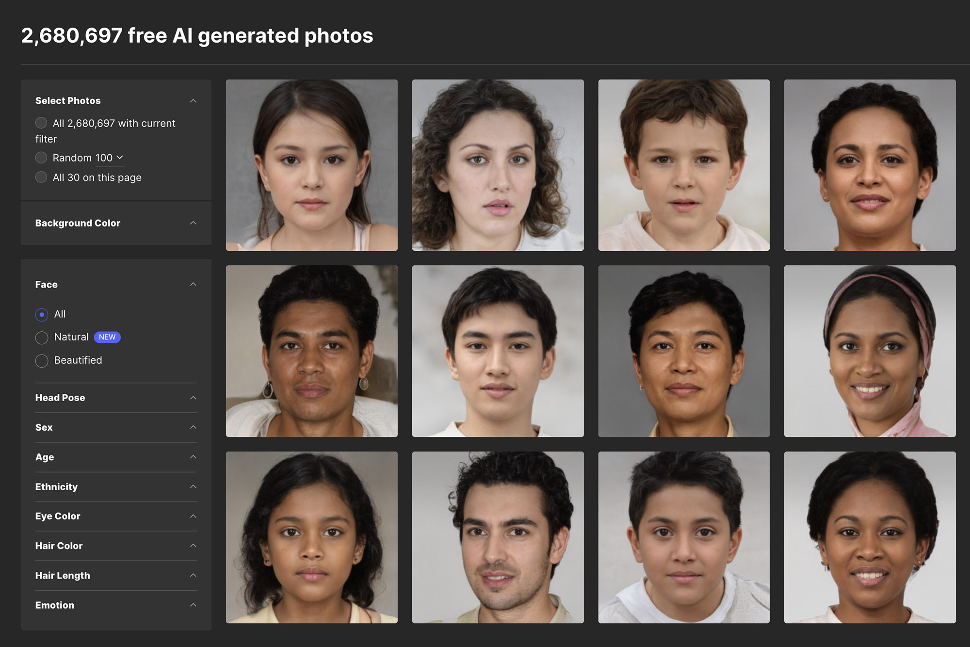 Uma coleção de rostos gerados por IA em fotos geradas.