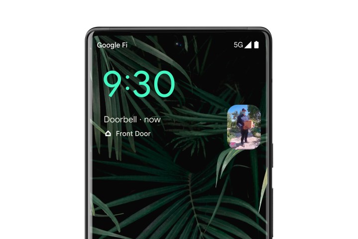 At a Glance widget on a Pixel 6. It shows a notification with someone at a Nest doorbell.