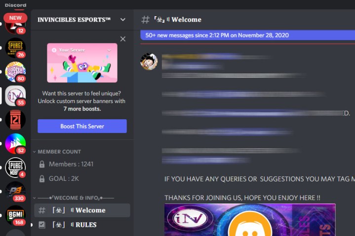 Discord 上的服务器列表。