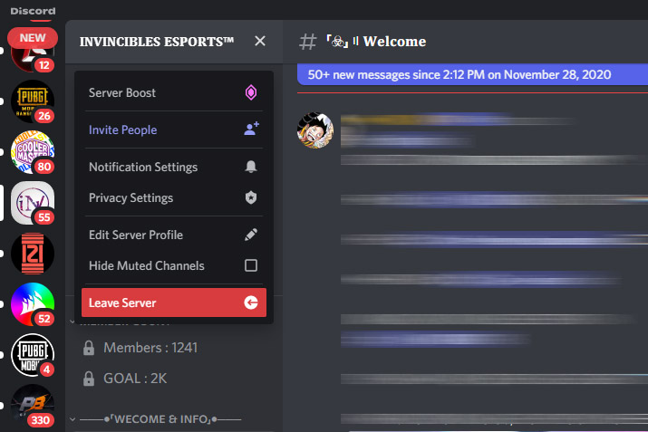 Screenshot delle opzioni del server su Discord.