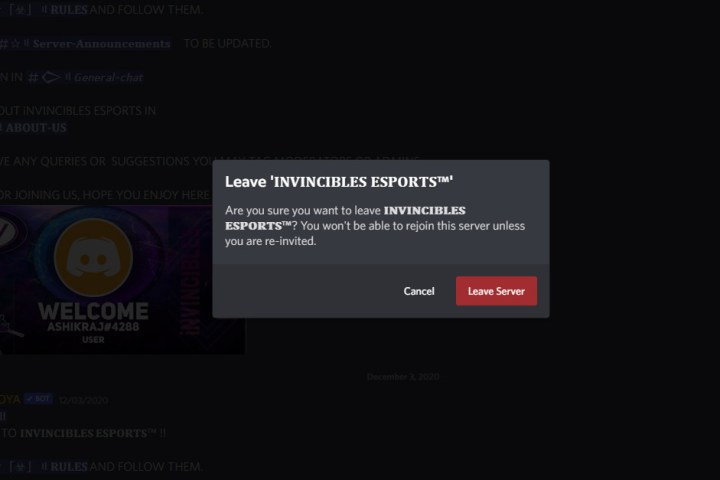 Screenshot della richiesta di lasciare un server su Discord.