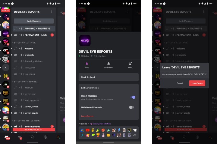 Screenshot di come lasciare un server Discord sul cellulare.
