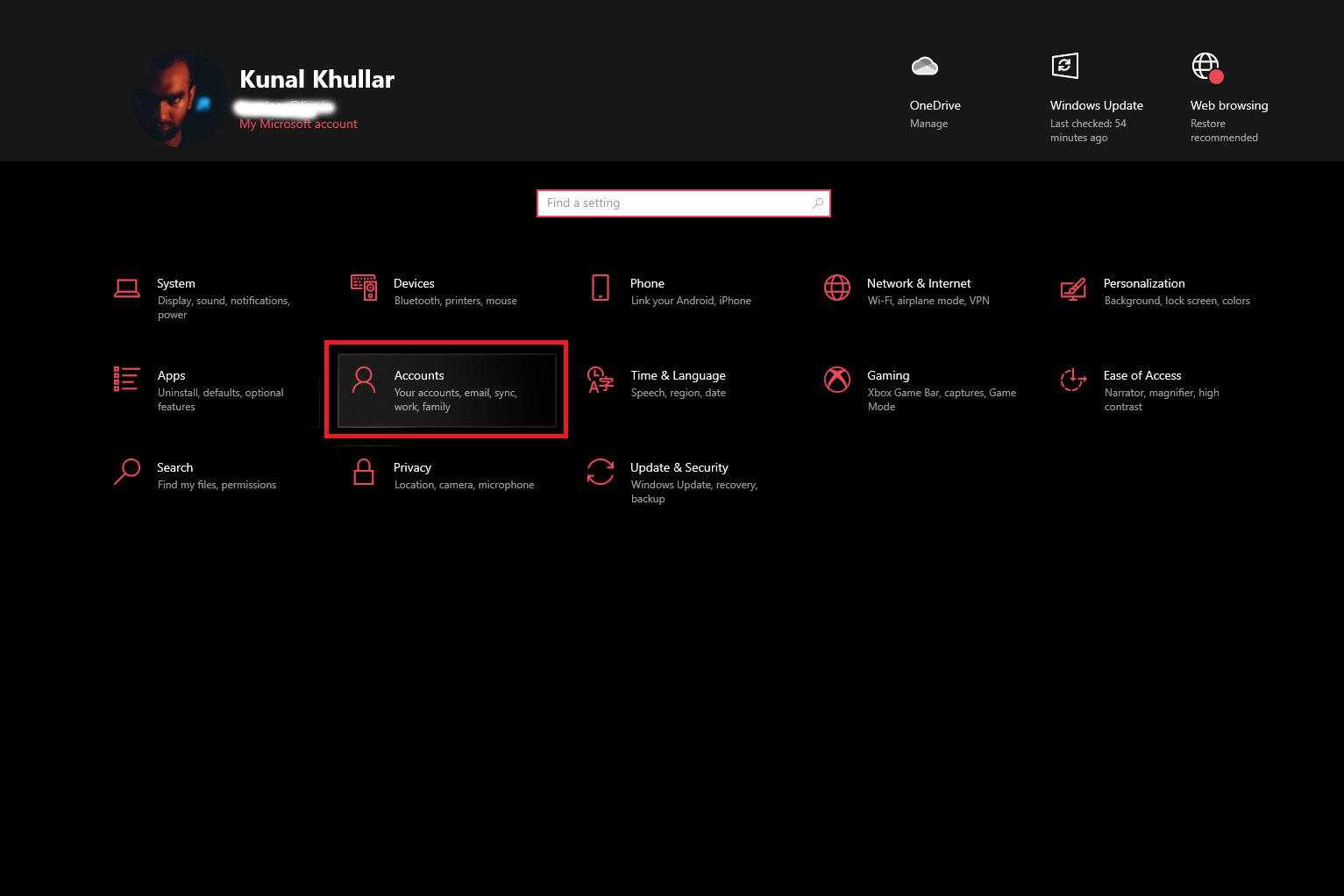 Screenshot of Windows 10 settings menu.