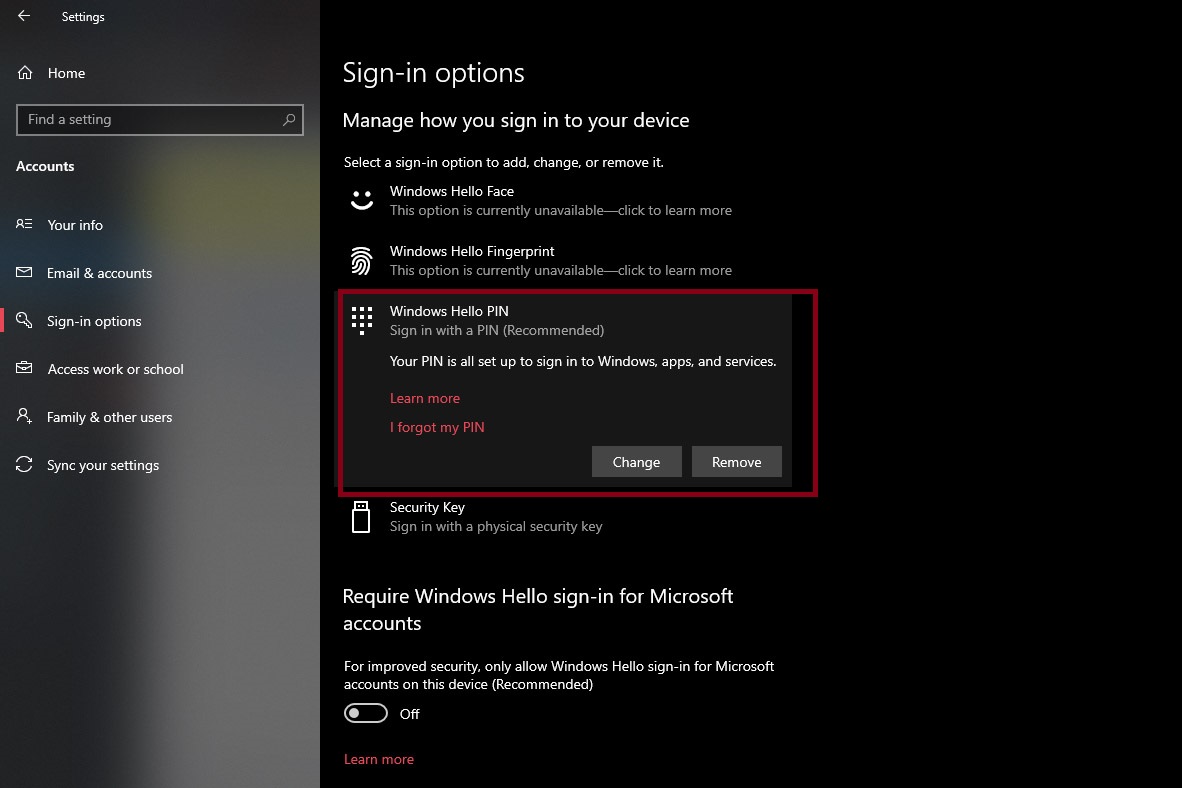 Screenshot of Windows Hello PIN options on Windows 10.