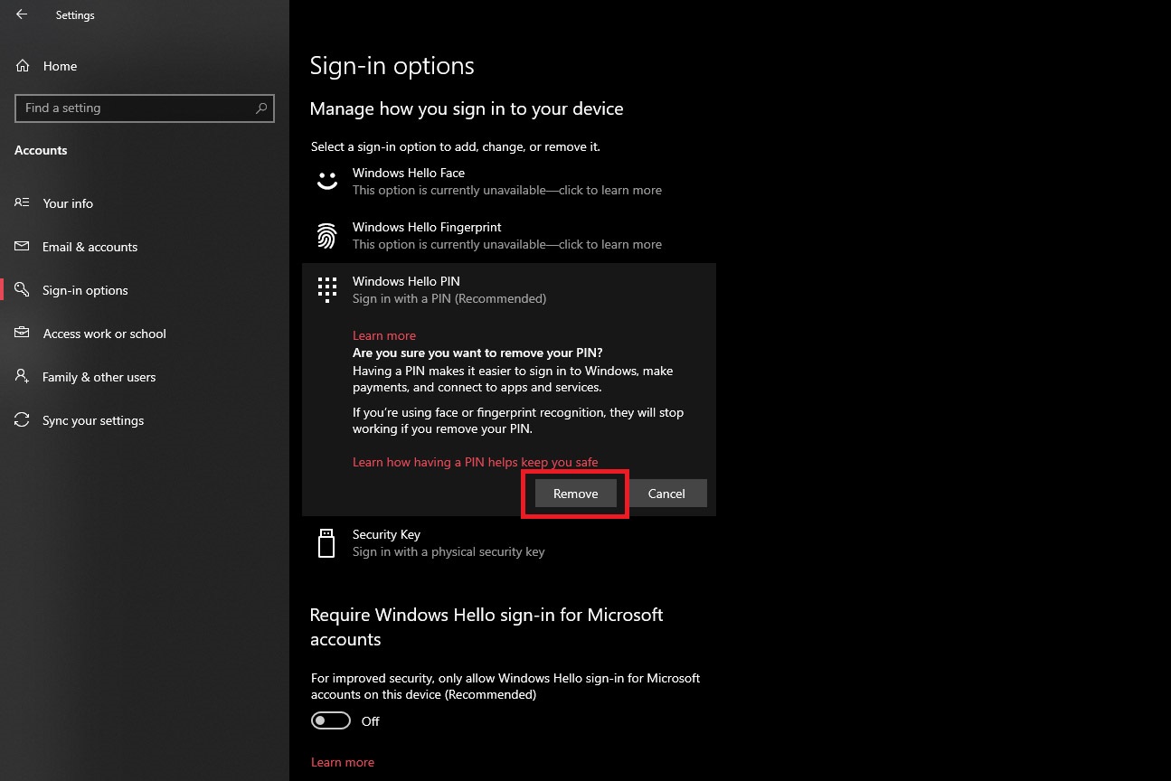 Screenshot showing Windows Hello PIN remove button. 
