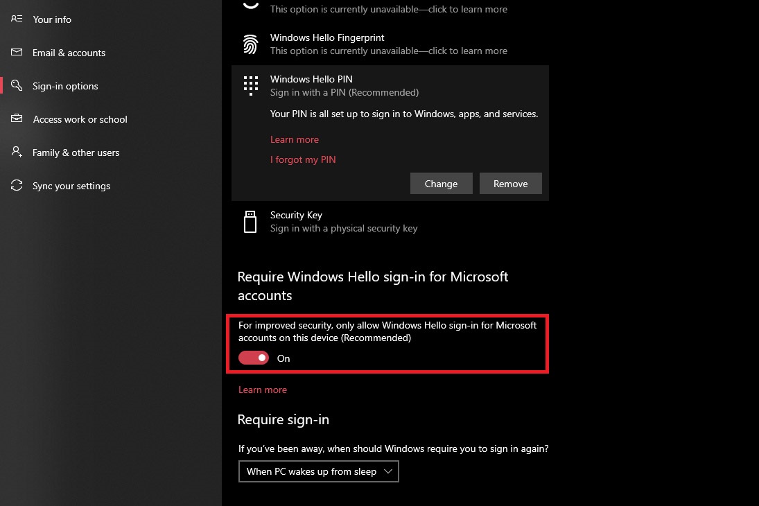 Screenshot showing toggle to disable windows hello pin sign-in required for microsoft accounts.